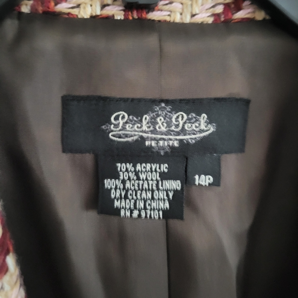Peck & Peck Petite 14P Wool Blend Houndstooth Blazer Jacket Burgundy Cream Lined - Picture 3 of 3
